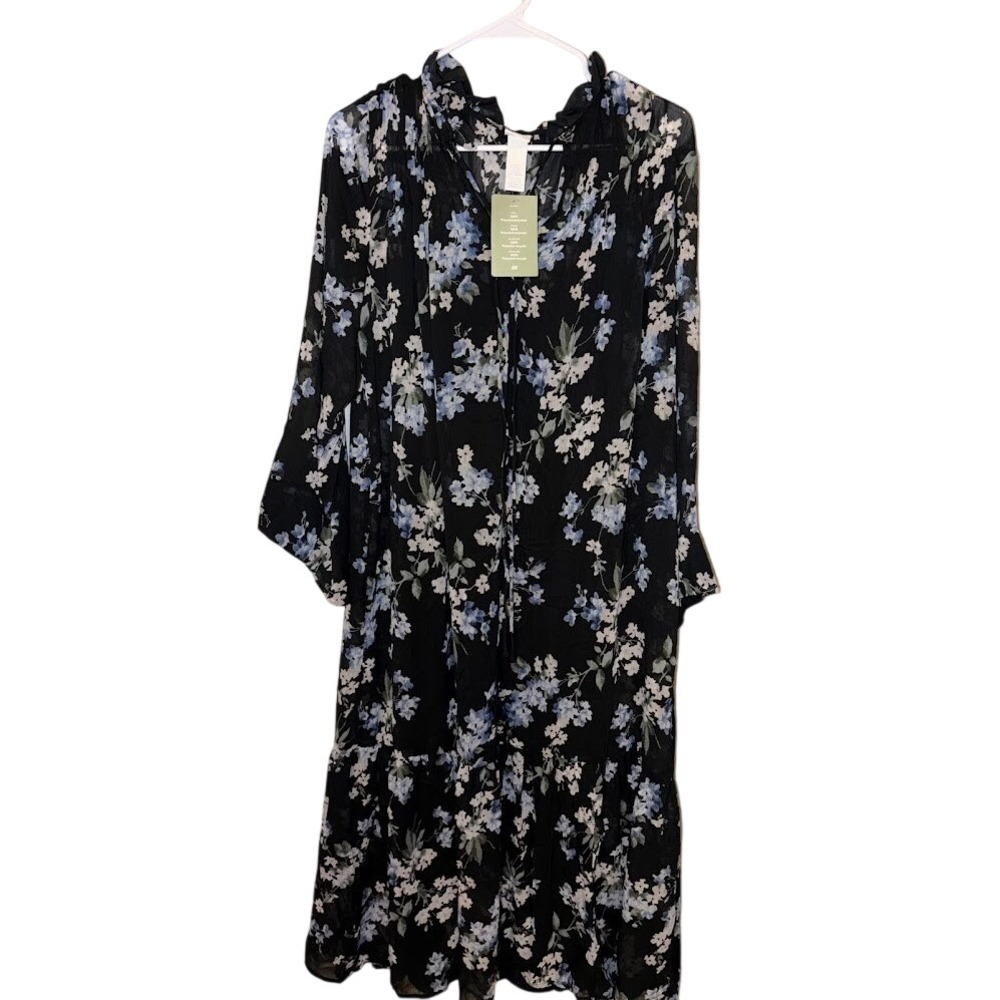 HM Conscious Floral Tiered Midi Dress Black Blue Ruffle Neck Long Sleeve XS NEW
